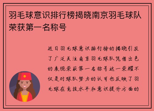 羽毛球意识排行榜揭晓南京羽毛球队荣获第一名称号