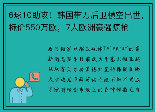 6球10助攻！韩国带刀后卫横空出世，标价550万欧，7大欧洲豪强疯抢